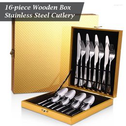 Dinnerware Sets 16pc Stainless Steel Set Forks And Spoon Gift Wooden Box Cutlery Steak For 4 People Tableware