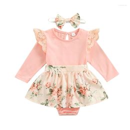 Clothing Sets Baby Girl's Outfit Clothes Lace Flying Sleeves Romper And Floral Print Skirts Set With Headband