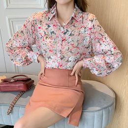 Women's Blouses Spring Autumn Long Sleeve Print Shirts Temperament Korean Style Polo-Neck Elegant Floral Chiffon Blusas Tops MM0882