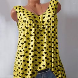 Women's Blouses Women Summer T Shirts Casual Sleeveless Tops Tees Retro Polka Dot Print T-Shirt V-neck Loose Vests White Khaki Vest Lady