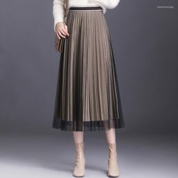 Skirts Autumn Winter Women Fashion Elegant Both Side Wear Long Mesh Pleated Skirt Female High Waisted Loose Casual 9089