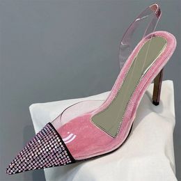 2023 Women PVC Pointy Toe Crystal Velvet Sandals Thin Heel Bling Women Sexy Pumps Party Banquet Mules Women Shoes