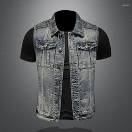 Men's Tank Tops Retro Distressed Denim Vest Large Size Simple Sleeveless Slim-fit Solid Casual Turn-Down Collar Jacket
