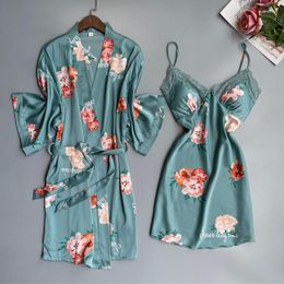 Women's Sleepwear Print Womens 2PCS Kimono Robe Set Sexy Bathrobe Gown Lace Intimate Lingerie Casual Satin Nightgown Home Clothing