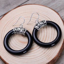 Hoop Earrings MeibaPJ Real S925 Sterling Silver Retro Thai Atmosphere Circle Black Agate Exquisite Gift Jewelry