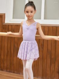 Stage Wear Children's Summer Sleeveless Dance Practice Clothes Cotton Ballet Leotard With Lace Skirt For Kids Performance Costumes