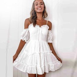 Party Dresses Women Boho Dress Chest Strap Pleated Sexy Lace Flower Hollow Out Summer Mini Big Swing Vestidos Sundress