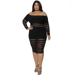 Casual Dresses Plus Size Dress Transparent Mesh Slash Neck Off Shoulder Black Bodycon Women Long Sleeve