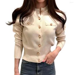 Women's Knits Fashion Women Cardigan Sweater Spring Knitted Long Sleeve Short Coat Stand Collar Faux Pearl Buttons Solid Colour Outerwear