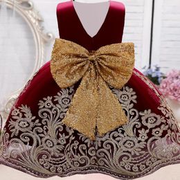 Girl Dresses Infant Embroidery 1 Year Birthday Flower Dress For Baby Golden Sequins Bow Princess Baptism Wedding Vestidos