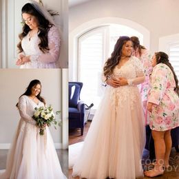 2023 Plus Size Beach Wedding Dresses Bridal Gown Lace Applique Long Sleeves V Neck A Line Sweep Train Custom Made Garden Vestido De Novia 401 401