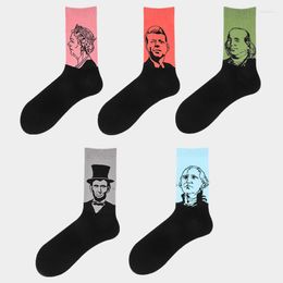 Women Socks Classic Fashion Retro Personality Head Portrait Oil Combed Cotton Men Skateboard Happy Funny Sokken