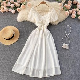 Casual Dresses Vintage Sweet Temperament Waist Dress For Women Summer V-neck Puff Short-sleeved Slim Midi Long Chiffon Elegant VestidosCasua