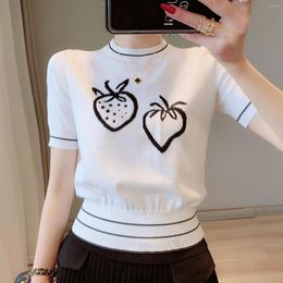 Women's T Shirts 2023 Summer Tops Shirt For Women Black And White Contrast Strawberry Thin Sweater Short Sleeve Pullover T-shirt Tee