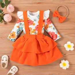 Clothing Sets Infant Baby Girls Clothes Floral Long-sleeved Romper Tops Suspender Skirt With Headband Outfits