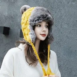 Berets Russian Ushanka Caps Female Winter Warm Earflaps Faux Fur Bomber Hats Fleece Cable Knit Women Beanies Pompom Snow Ski Cap