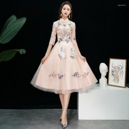 Ethnic Clothing Lace-mesh Patchwork Pink Cheongsam Mandarin Collar Flower Embroidery Qipao Perspective Sexy Chinese Pleated Dress Fairy