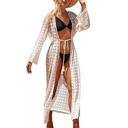 Women's Swimwear Foohoostore Women Circles Embroidered Long Sleeve Front Tie-Up Cover-Ups Fashion Female Cardigan Bikini BeachwearWomen's