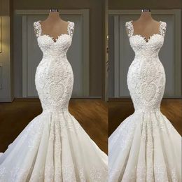 2023 Elegant Mermaid Wedding Dresses Bridal Gown Lace Applique Sleeveless Beaded Straps Covered Buttons Custom Made Beach Country Plus Size Vestido De Novia 401 401