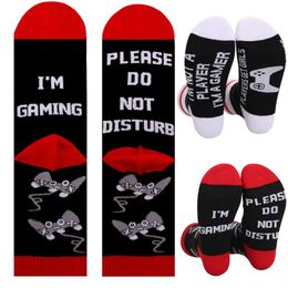 Men's Socks 649D Men Boy Teen Novelty Funny Gaming Please Do Not Disturb Letters Print Contrast Color Casual Mid Tube Hosiery Gifts