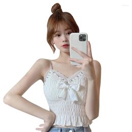 Women's Tanks Women Spaghetti Strap Crop Tank Top Pearl Beaded V-Neck Shirred Ruffle Camisole Sweet Bowknot Wirefree Padded Sling Vest