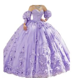 Lavender Ball Gown Quinceanera Dresses Lace Appliques Beads Hand Made 3D Flowers Sweetheart 16 Dress For 15 Years Prom Party Pageant Gowns