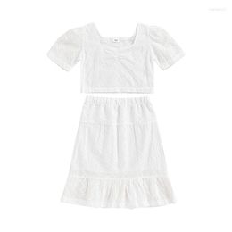 Girl Dresses 2023 Elegant Little Skirt Set Short Sleeve Square Neck Solid Colour Crop Tops Elastic Waist Shank Long Kids Clothing