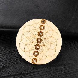 Charms Wooden 7 Chakra Round Plate Orgone Crystal Stand Holder Gemstone Base Flower Of Life Wood Yoga Meditation Healing Orgonite BoardCharm