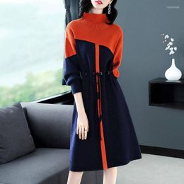 Casual Dresses Turtleneck Knitted Sweater Autumn Winter Loose Women Lantern Sleeve Patchwork Female Knitting Pullover Dress