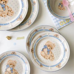 Plates Korean Ins Bear Ceramic Plate Creative Household Dish Breakfast Cake Snack Dinner Set And Dishes