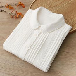 Women's Blouses Lamtrip Unique 2023 Spring Lace Stitch Ruffles Pleated Retro Double Layers Cotton Yarn Long Sleeve Shirt Blouse