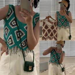 Women's Tanks Knit Short Crop Top Women Hippie Geometric Crochet Tassels Hem O-Neck Mini Vest A5KE