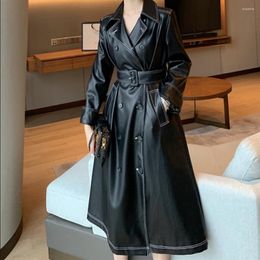 Women's Trench Coats 2023 Spring Autumn Fashion Pu Leather Coat Women Double Breasted Slim Belted Long