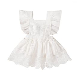 Girl Dresses 2023 0-24M Infant Baby Sweet Romper Dress White Solid Ruffle Short Sleeve Flower Lace Square Collar Bow Back Playsuit