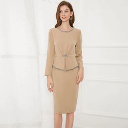 Casual Dresses MIUXIMAO 2023 Autumn Women's Clothing O-Neck Long Sleeve Slim Waist Solid Bead Dress Elegant Fashion Office Style