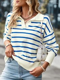 Women's T Shirts Autumn And Winter 2023 Striped Sweater Soft Comfortable Warm Top Casual Polo Pullover V-neck Women