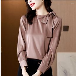 Women's Blouses 2202 Fashion Women's Blouse Vintage Tops Women Bow Tie Woman Clothing Blue Stand Neck Long Sleeve Basic Ladies Top OL