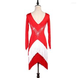 Stage Wear Shiny Rhinestones Latin Dance Dress Women Sexy Red V Neck Long Sleeve Fringed Skirt Female Festival Performances Clothing