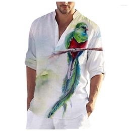 Men's Casual Shirts Summer Autumn Fashion Men's Long Sleeve Thin Section Bird Flower Print Stand Collar Beach Style Large Size