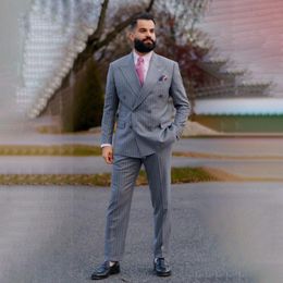 Men's Suits & Blazers Grey Pinstripe Mens Groom Wedding Peaked Lapel Tuxedo Double Breasted 2 Piece Jacket Pants Set Office Blazer Costume H