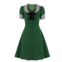 Party Dresses Vintage Clothes For Women Square Neck Single-Breasted Bow Tie Bust Green A-Line Midi Dress 50s Pinup Wrap Swing