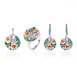 Necklace Earrings Set 925 Sterling Silver Enamel Butterfly Flower Stub Pendant Ring Jewellery For Women Fashion