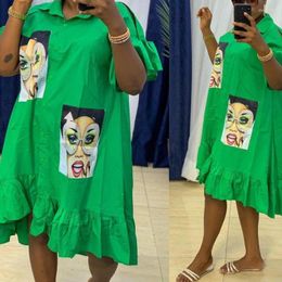 Ethnic Clothing African Print Dresses For Women 2023 Fashion Robe Plus Size Short Sleeve Cotton Ruffle Midi Shirt Dress Vestido Africa