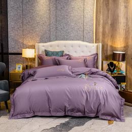 Bedding Sets 2023 Four-piece Light Luxury Cotton Double Household Bed Sheet Quilt Cover Embroidered Little Bee Fashion Purple