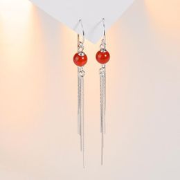 Dangle Earrings Hypoallergenic Ear Line Red Agate Women 's Long Fringe Modified Face Shape Wild Jewelry S925 Sterling Silver Fine & Chandeli