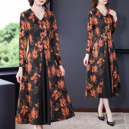 Casual Dresses Ethnic Style Autumn Dress Women Elegant Plus Size Long Sleeve Fashion Retro Leaf Print Spliced Female Vestidos Robes M1039