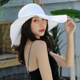 Chapéus de aba larga moda grande chapéu grande liso liso liso de praia solar verão compactável para mulheres tampa de palha de senhora