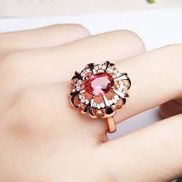 Women Wedding Rings European and American style girls hollowed-out flowers red crystal zirco diamond sweet rose gold plated rings party jewelry gifts adjustable