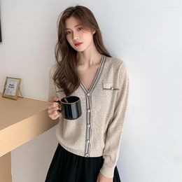 Women's Knits 2023 Sweater Cardigan Striped Small Fragrance Knit Ladies V-neck Knitted Top Alpaca-blend Fine-knit