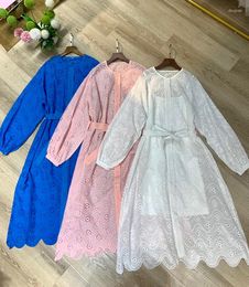 Casual Dresses Cotton Fabric Fashion Women Lace Dress Solid Blue Pink White Color Single-Breasted Belt Long Party Vacation For Lady